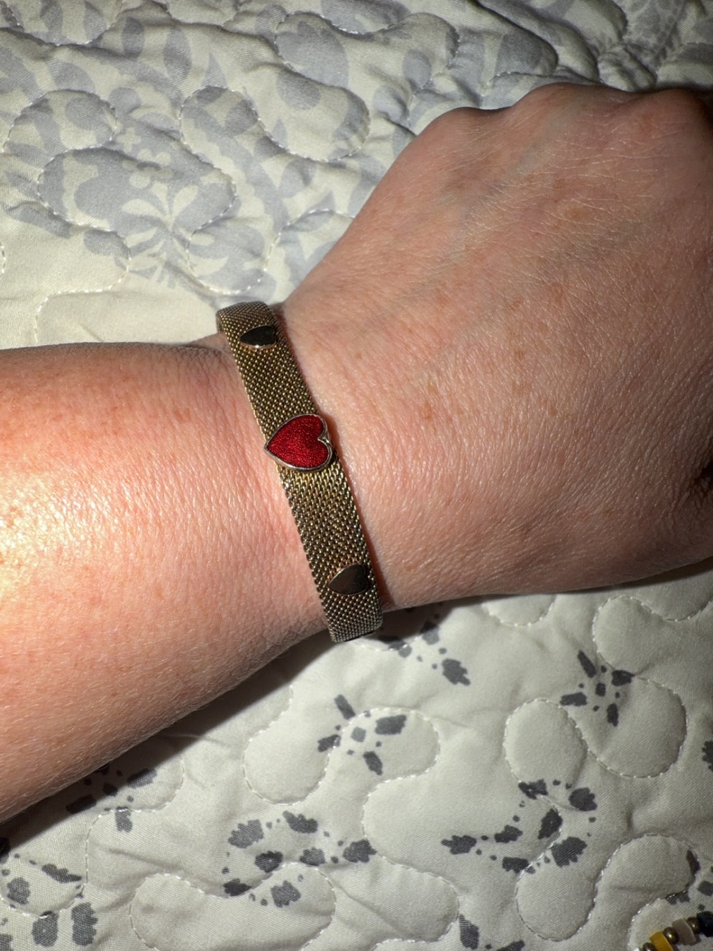Gold Mesh Bracelet with Red Heart Accent